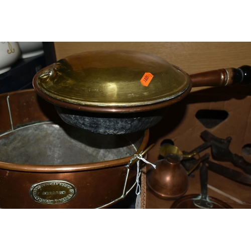 436 - ONE BOX AND LOOSE METALWARE, to include a copper 'Gaskell & Chambers ltd- Preston' grain funnel, a 2... 