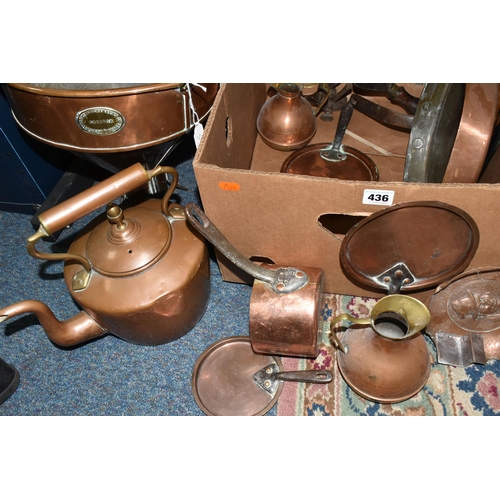 436 - ONE BOX AND LOOSE METALWARE, to include a copper 'Gaskell & Chambers ltd- Preston' grain funnel, a 2... 