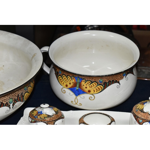 437 - AN ART DECO CROWN DUCAL WARE VANITY SET, comprising pitcher, wash bowl, chamber pot, soap dish, tray... 