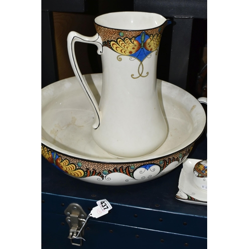 437 - AN ART DECO CROWN DUCAL WARE VANITY SET, comprising pitcher, wash bowl, chamber pot, soap dish, tray... 