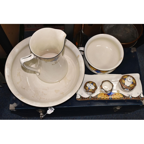 437 - AN ART DECO CROWN DUCAL WARE VANITY SET, comprising pitcher, wash bowl, chamber pot, soap dish, tray... 