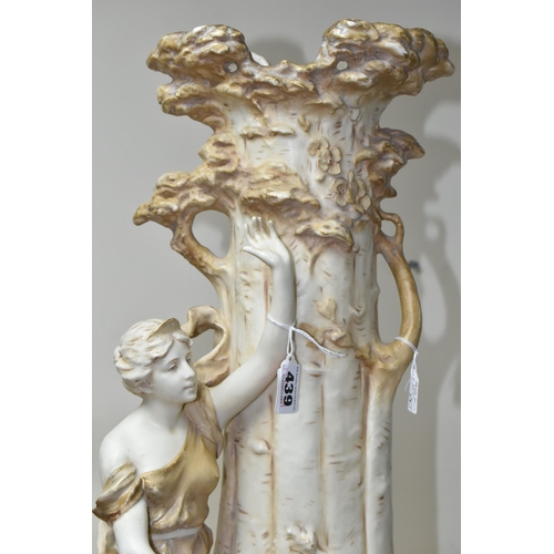 439 - AN EARLY 20TH CENTURY ROYAL DUX FIGURAL VASE, modelled as a tree trunk with classical female figure ... 