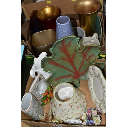 444 - FOUR BOXES AND LOOSE CERAMICS, TABLE LAMPS, ROYAL COMMEMORATIVE ITEMS, ETC, including planters, bone... 