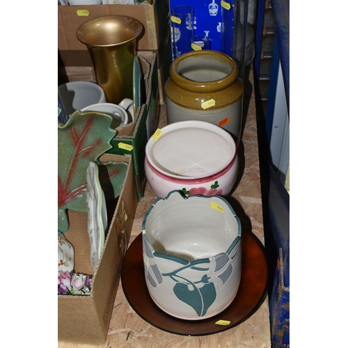 444 - FOUR BOXES AND LOOSE CERAMICS, TABLE LAMPS, ROYAL COMMEMORATIVE ITEMS, ETC, including planters, bone... 