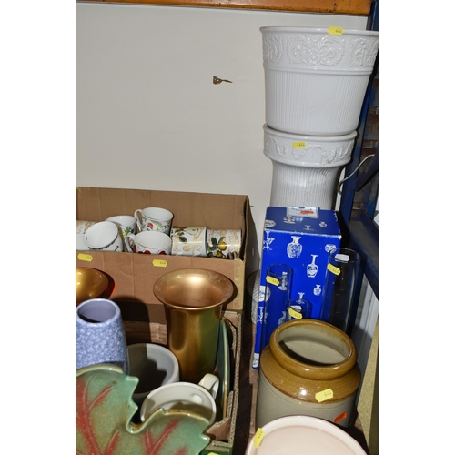 444 - FOUR BOXES AND LOOSE CERAMICS, TABLE LAMPS, ROYAL COMMEMORATIVE ITEMS, ETC, including planters, bone... 