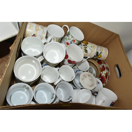 444 - FOUR BOXES AND LOOSE CERAMICS, TABLE LAMPS, ROYAL COMMEMORATIVE ITEMS, ETC, including planters, bone... 