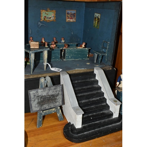 449 - A HOMEMADE SCHOOL CLASSROOM DIORAMA, room converted from an old file box and sits on lid, homemade w... 