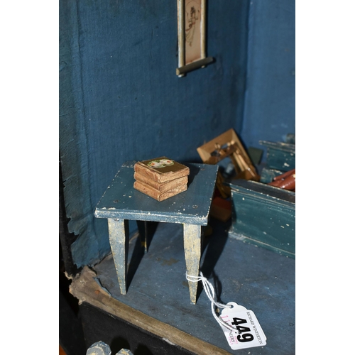 449 - A HOMEMADE SCHOOL CLASSROOM DIORAMA, room converted from an old file box and sits on lid, homemade w... 