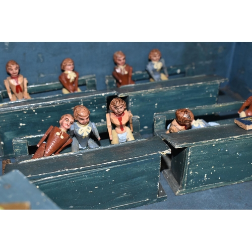 449 - A HOMEMADE SCHOOL CLASSROOM DIORAMA, room converted from an old file box and sits on lid, homemade w... 