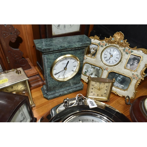 450 - A COLLECTION OF LATE 19TH CENTURY AND MODERN CLOCKS AND A BAROMETER, including an American Jerome & ... 