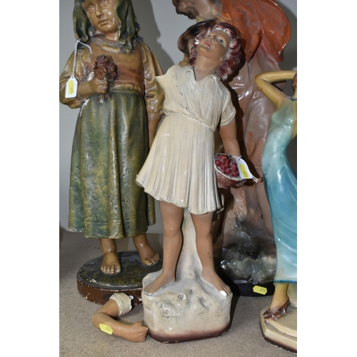 455 - FIVE EARLY 20TH CENTURY PLASTER FIGURES, comprising an Art Deco style lady, 'The Shy Girl', 'Bonne F... 