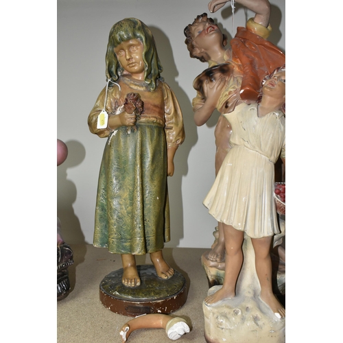 455 - FIVE EARLY 20TH CENTURY PLASTER FIGURES, comprising an Art Deco style lady, 'The Shy Girl', 'Bonne F... 