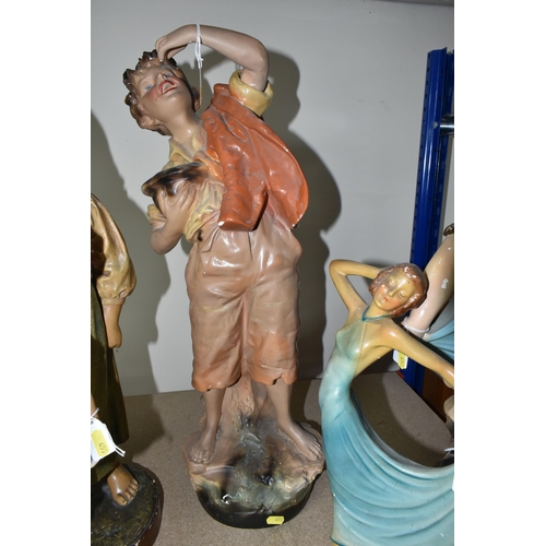 455 - FIVE EARLY 20TH CENTURY PLASTER FIGURES, comprising an Art Deco style lady, 'The Shy Girl', 'Bonne F... 