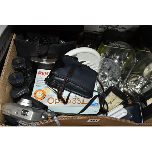 461 - THREE BOXES AND LOOSE HOUSEHOLD SUNDRIES AND KITCHEN APPLIANCES, including a Pentax digital camera, ... 