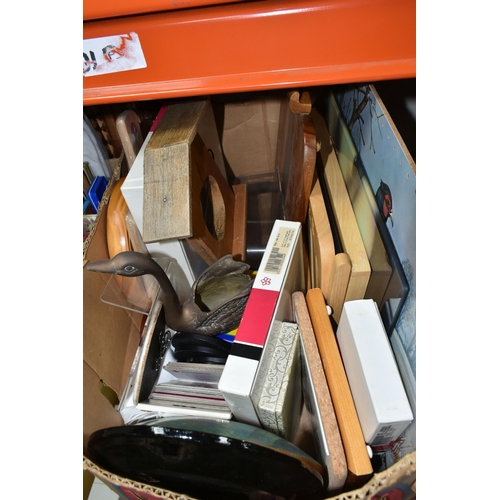 470 - FIVE BOXES AND LOOSE MISCELLANEOUS SUNDRIES, to include wooden wine racks, cross stitch frames, a la... 