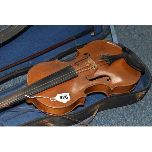 476 - AN UNBRANDED 20TH CENTURY VIOLIN IN HARD CASE, the two piece back is approximately 35cm long with a ... 