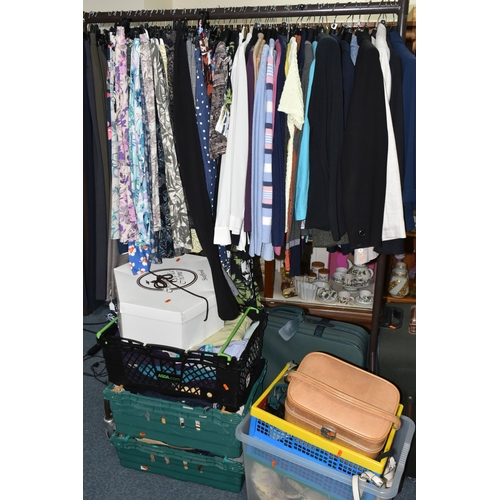 496 - A LARGE QUANTITY OF LADIES CLOTHING, ACCESSORIES AND LUGGAGE, jackets include Jaeger, Isle, Marks an... 