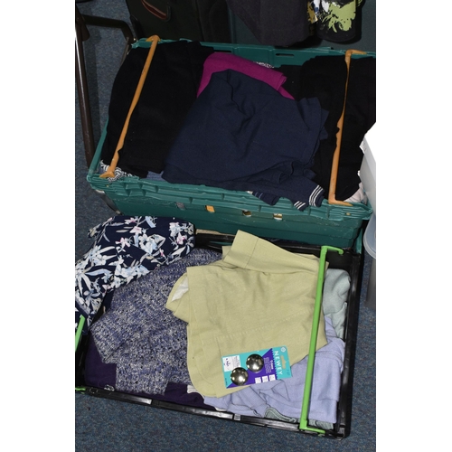 496 - A LARGE QUANTITY OF LADIES CLOTHING, ACCESSORIES AND LUGGAGE, jackets include Jaeger, Isle, Marks an... 