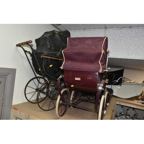 497 - A LARGE QUANTITY OF EARLY TO MID CENTURY DOLL'S PRAMS, COTS AND ACCESSORIES, comprising a burgundy T... 