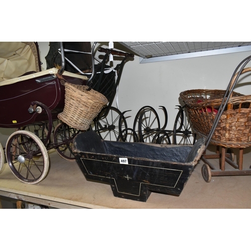 497 - A LARGE QUANTITY OF EARLY TO MID CENTURY DOLL'S PRAMS, COTS AND ACCESSORIES, comprising a burgundy T... 