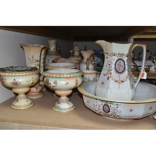 498 - A LARGE QUANTITY OF BLUSH IVORY WARES, comprising wash bowl and pitcher, vases, planters, dressing t... 