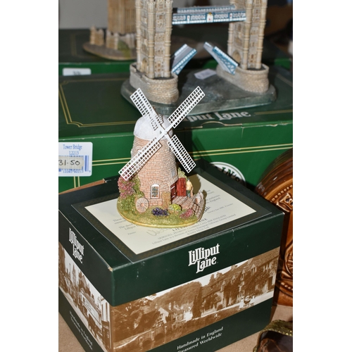 499 - THREE BOXED LILLIPUT LANE SCULPTURES AND A GROUP OF CABINET PLATES, comprising 'The Old Windmill' L2... 