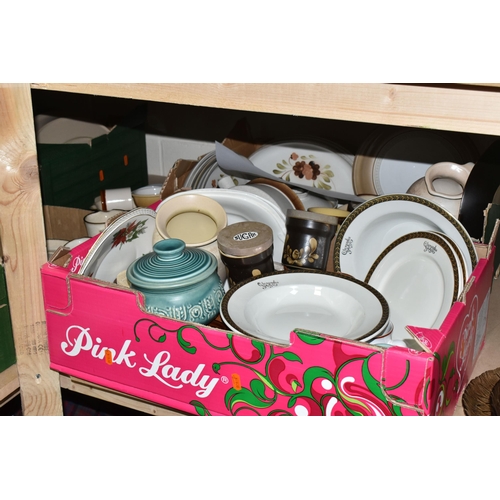 501 - SIX BOXES OF CERAMICS AND DINNERWARE, to include a large quantity of Denby 'Sahara' design dinner an... 