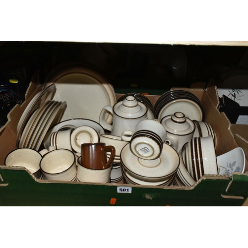 501 - SIX BOXES OF CERAMICS AND DINNERWARE, to include a large quantity of Denby 'Sahara' design dinner an... 