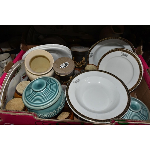 501 - SIX BOXES OF CERAMICS AND DINNERWARE, to include a large quantity of Denby 'Sahara' design dinner an... 