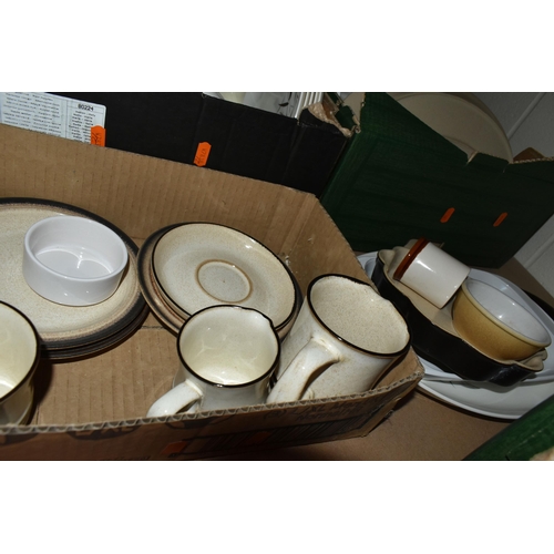 501 - SIX BOXES OF CERAMICS AND DINNERWARE, to include a large quantity of Denby 'Sahara' design dinner an... 