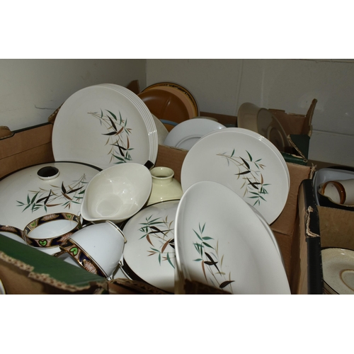 501 - SIX BOXES OF CERAMICS AND DINNERWARE, to include a large quantity of Denby 'Sahara' design dinner an... 