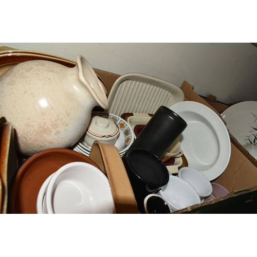 501 - SIX BOXES OF CERAMICS AND DINNERWARE, to include a large quantity of Denby 'Sahara' design dinner an... 