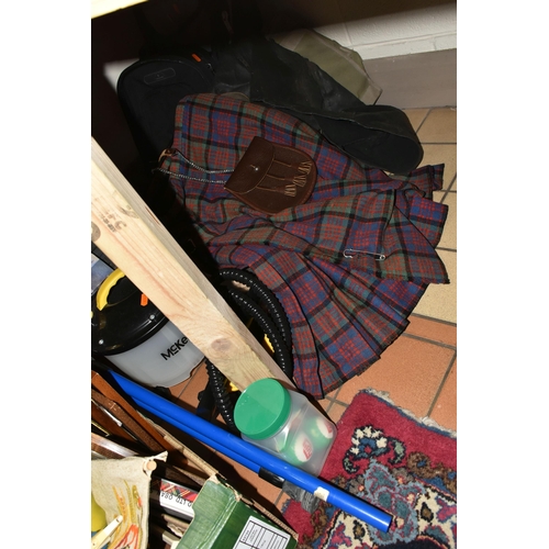 502 - FIVE BOXES OF MISCELLANEOUS SUNDRIES, to include a Scottish tartan kilt and leather sporran, an Impe... 