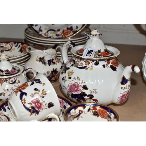 505 - A THIRTY EIGHT PIECE MASON'S MANDALAY DINNER SERVICE, to include a teapot (spout chipped), a cream j... 