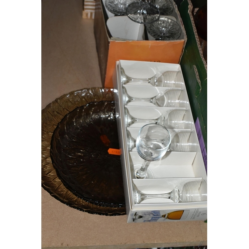 507 - FOUR BOXES AND LOOSE GLASSWARE, to include a set of six Tutbury crystal wine glasses, decanters, win... 