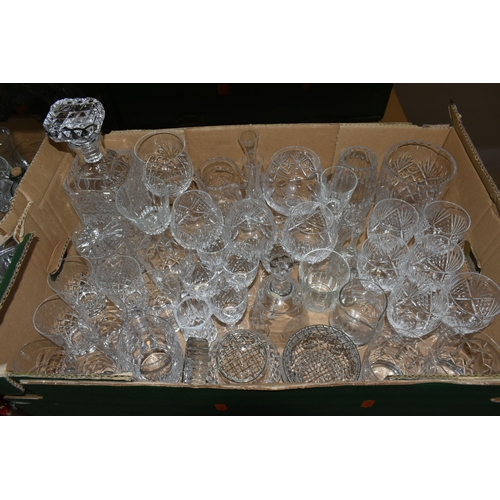 507 - FOUR BOXES AND LOOSE GLASSWARE, to include a set of six Tutbury crystal wine glasses, decanters, win... 