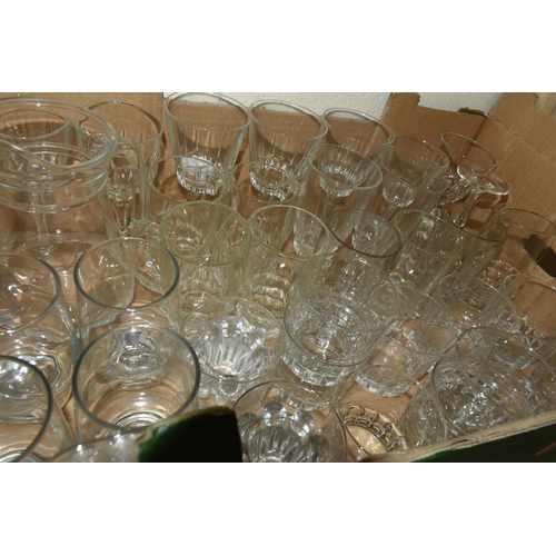 507 - FOUR BOXES AND LOOSE GLASSWARE, to include a set of six Tutbury crystal wine glasses, decanters, win... 