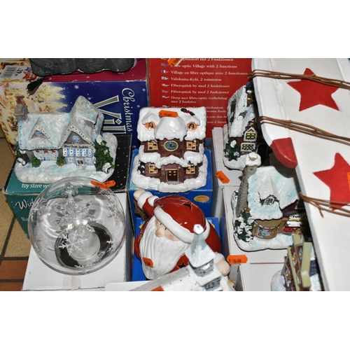 508 - FIVE BOXES AND LOOSE CHRISTMAS DECORATIONS AND ORNAMENTS, to include fibre optic house ornaments, th... 