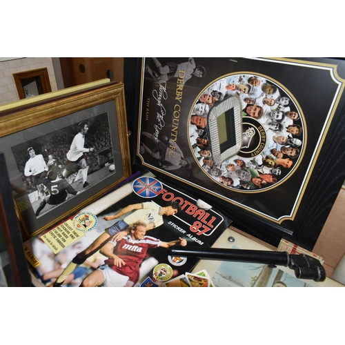 511 - ONE BOX OF EPHEMERA & LOOSE, to include four framed and two unframed Derby County photographs, a fra... 