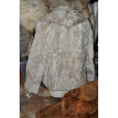 515 - FIVE REINDEER HIDES AND TWO FUR JACKETS, the reindeer hides of similar size, length of longest 145cm... 