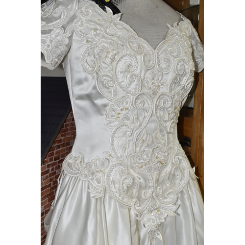 516 - A MON CHERIE BRIDALS INC POLYESTER WEDDING DRESS WITH SEQUIN AND PEARL DETAILS, SIZE 14, together wi... 