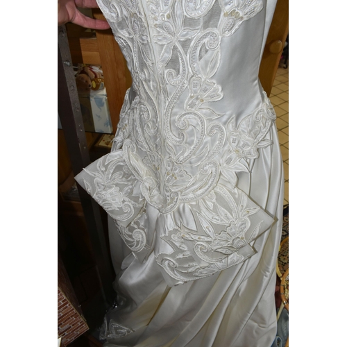 516 - A MON CHERIE BRIDALS INC POLYESTER WEDDING DRESS WITH SEQUIN AND PEARL DETAILS, SIZE 14, together wi... 