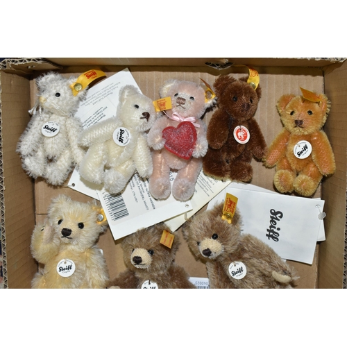 532 - A BOX CONTAINING EIGHT MINIATURE STEIFF MOHAIR TEDDY BEARS, comprising 040009, two 040023, 039348, 0... 