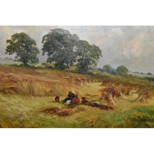 538 - AN EARLY 20TH CENTURY HARVESTING LANDSCAPE, depicting three figures sharing a flagon of ale or cider... 