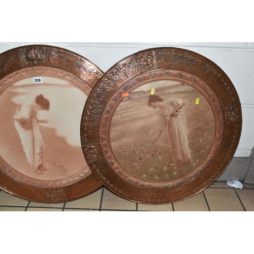 539 - AFTER WILLIAM HENRY MARGETSON, TWO PRINTS IN EMBOSSED COPPER FRAMES, comprising 'The Sea Hath its Pe... 