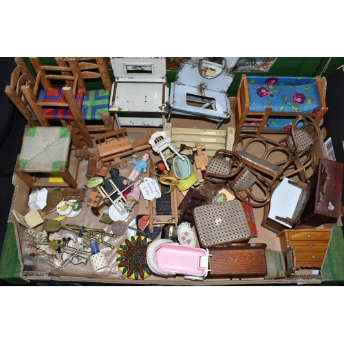 540 - TWO BOXES OF DOLLS HOUSE FURNITURE ETC, to include what appears to be a scratch built sideboard appr... 