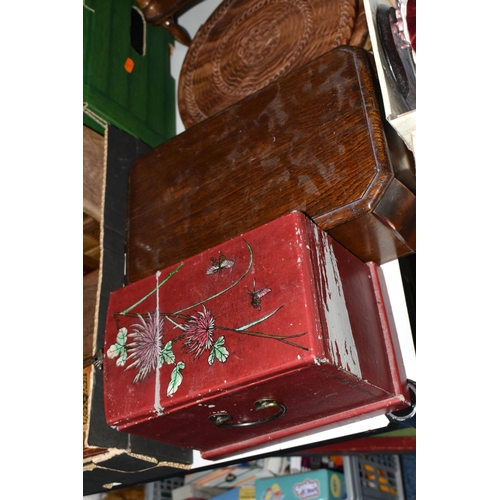 541 - TWO BOXES AND LOOSE WOODEN ITEMS ETC,  to include two shelf wall mounted display stand, an apprentic... 