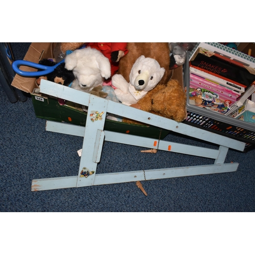 542 - FOUR BOXES AND LOOSE SOFT TOYS AND  GAMES ETC, to include a battery operated Fur Real puppy dog, a R... 