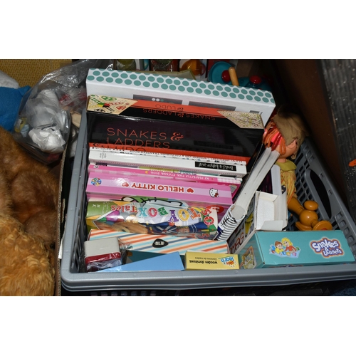 542 - FOUR BOXES AND LOOSE SOFT TOYS AND  GAMES ETC, to include a battery operated Fur Real puppy dog, a R... 