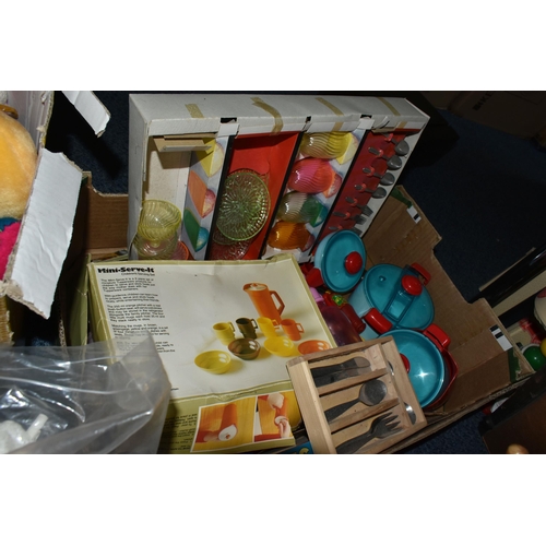 542 - FOUR BOXES AND LOOSE SOFT TOYS AND  GAMES ETC, to include a battery operated Fur Real puppy dog, a R... 